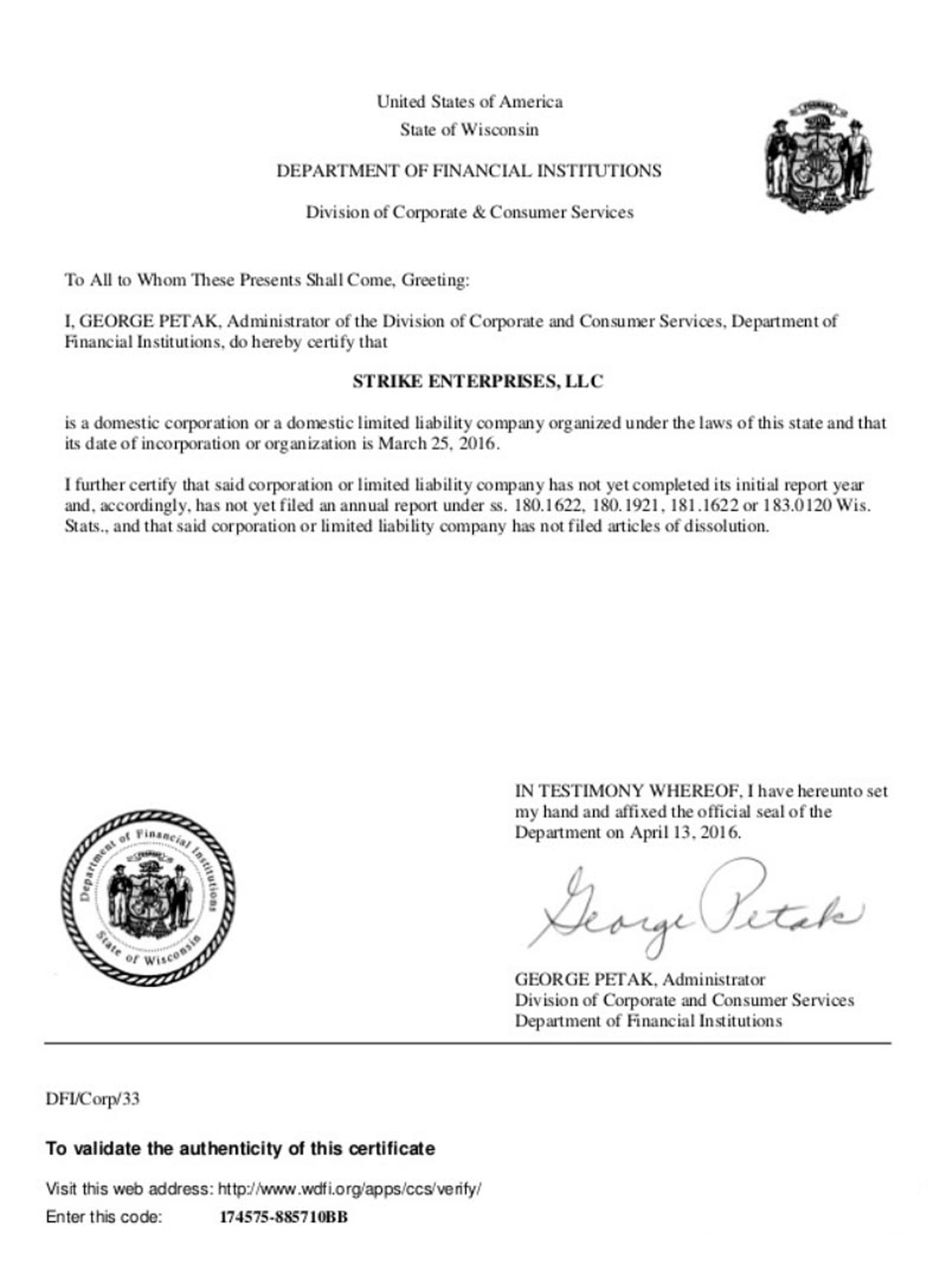 USA Wisconsin certificate of good standing